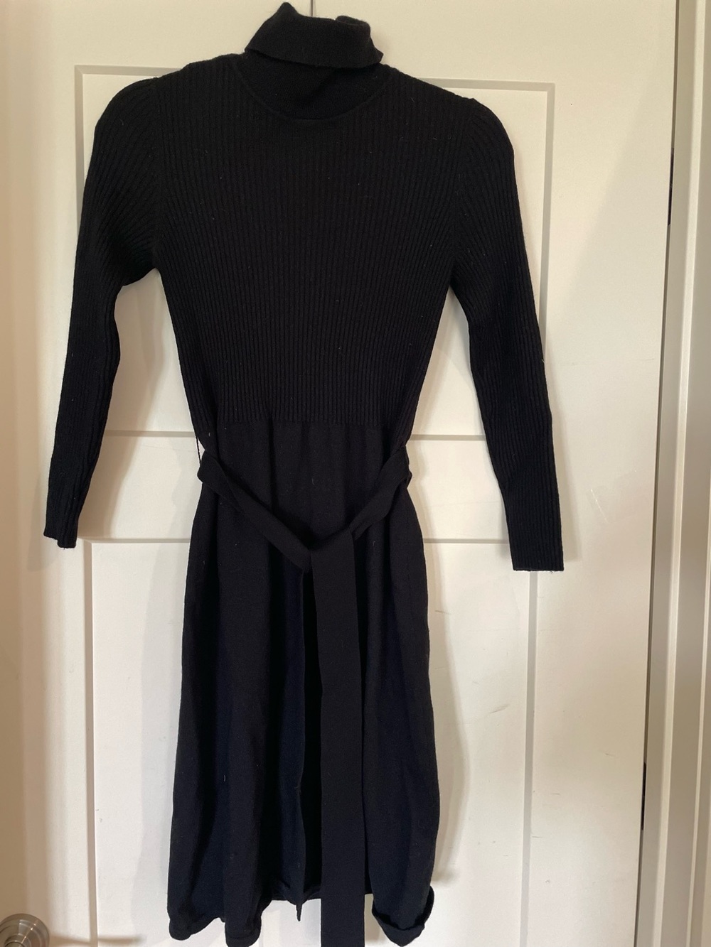 Talbots Black Ribbed Merino Wool Turtleneck Belted Knit Dress